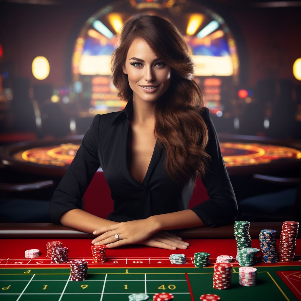 Casino gaming table with cards and chips in vibrant lighting setup